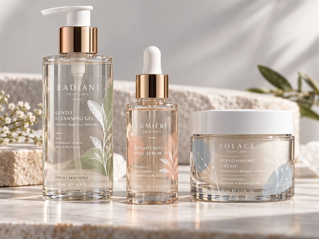 Frascos de cosméticos transparentes com rótulos impressos em branco