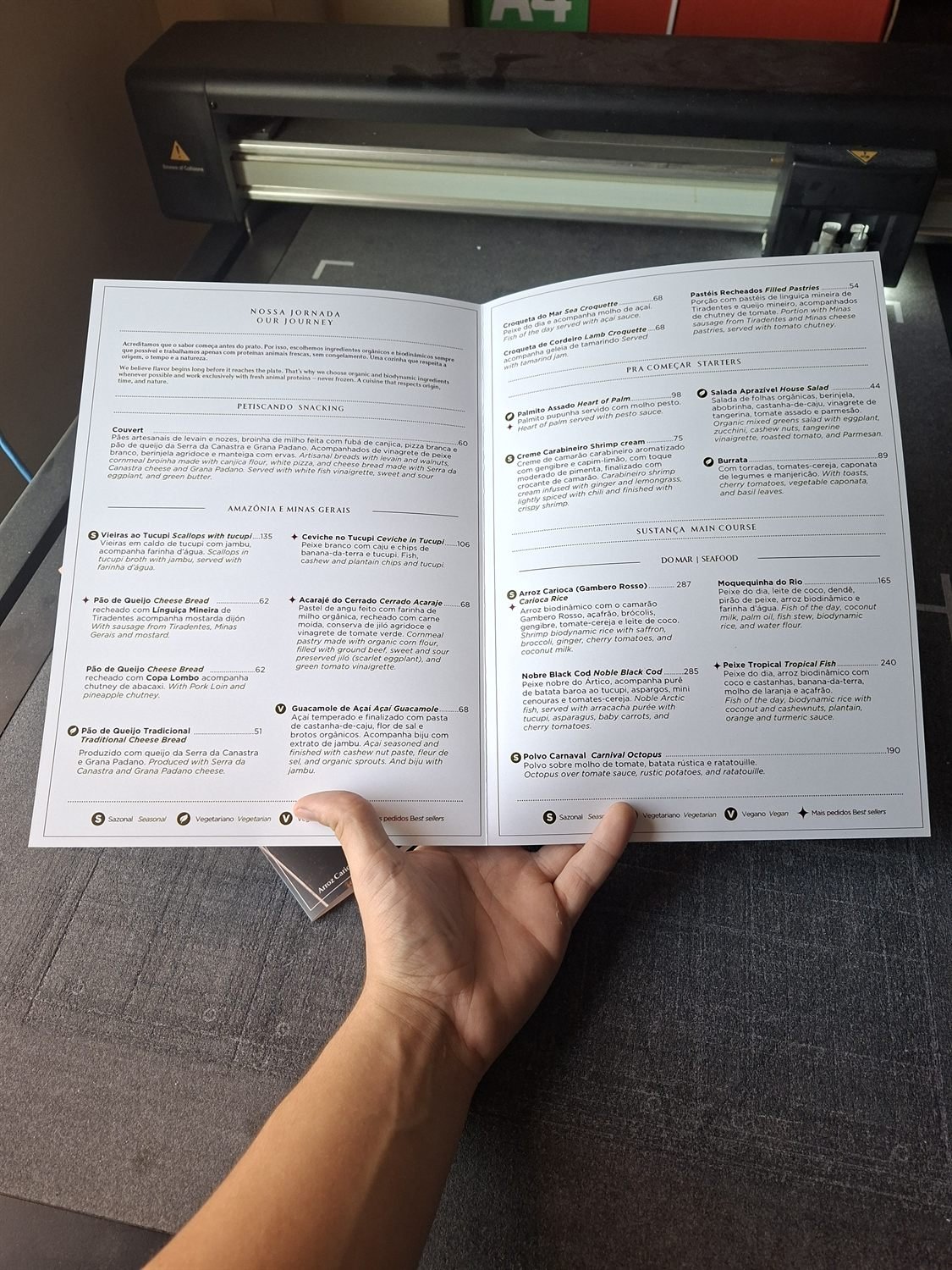 Cardápio aberto mostrando as páginas internas com os itens do menu
