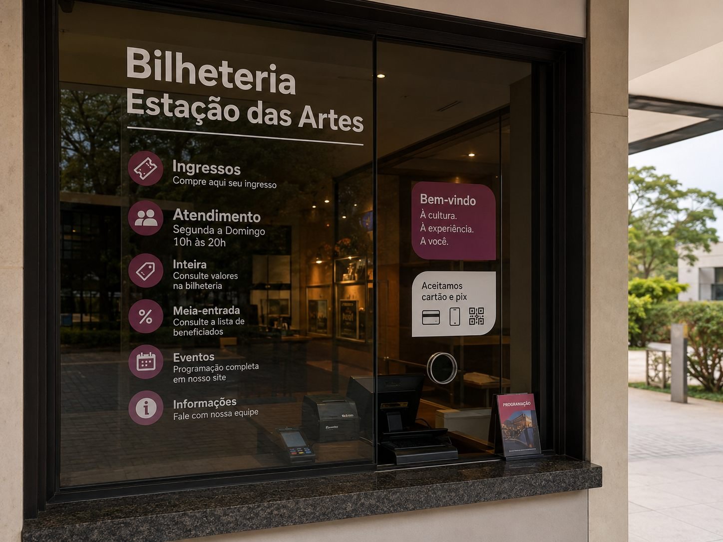 Bilheteria com informações de ingressos e atendimento em adesivo retroverso no vidro