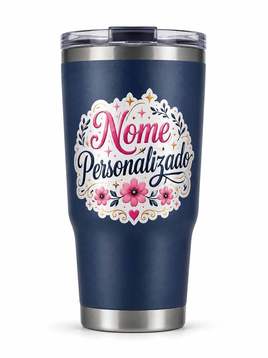 Copo térmico personalizado com nome e arte floral, produzido pela Trapping